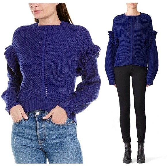 JASON WU Cottage Ruffle Shoulder High-Low Cashfeel Wool Sweater Cobalt Blue Sz M - Picture 1 of 8